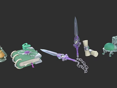 Fantasy Character Equipment With Magic Book Dagger Scroll And Green Chair 3d model