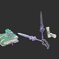Fantasy Character Equipment With Magic Book Dagger Scroll And Green Chair
