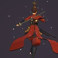 Warrior In Red Black Armor With Topknot Holding Long Sword Amid Falling Petals Dark Background