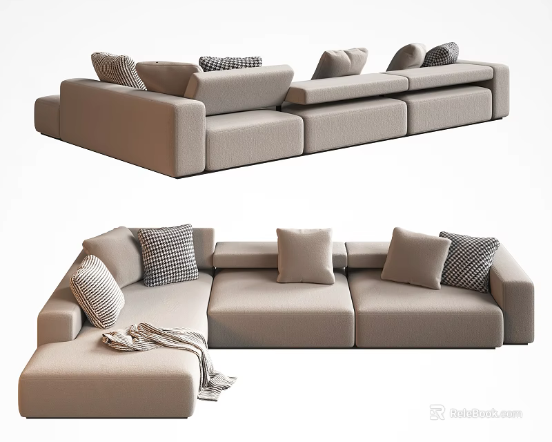Modern Beige L Shaped Sectional Sofa With Multiple Cushions And Throw Blanket 3d model