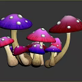 Colorful Mushrooms with Purple Pink Hues White Spots Various Sizes and Reflections on Dark Background
