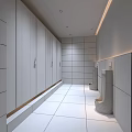 Modern Public Restroom With Gender Separated Sections Marble Sink Counter Mirrors Tiled Walls And Lighting