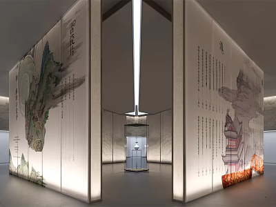 Traditional Cultural Center Interior With Landscape Paintings Calligraphy Display Cabinet And Lighting 3d model