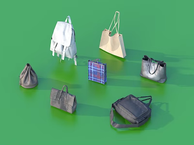 Various Stylish Bags Collection Featuring Different Types And Colors On Green Background 3d model