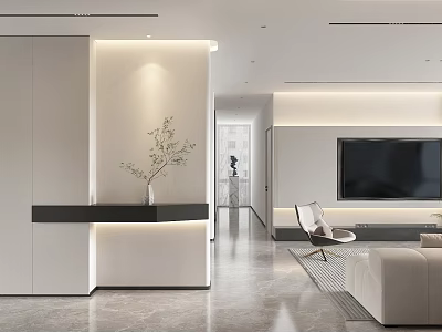 Modern Living and Dining Room Interior With White Cabinets Black Countertop Green Plant and Beige Sofa 3d model