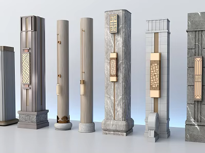 Different Styles of Decorative Columns with Marble and Metal Accents 3d model