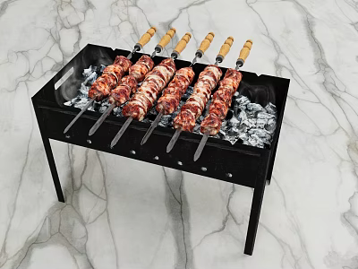 Grilled Meat Skewers on Portable Charcoal Grill with Aluminum Foil and Marble Surface 3d model