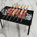 Grilled Meat Skewers on Portable Charcoal Grill with Aluminum Foil and Marble Surface