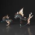 Mythical Aquatic Creatures With Golden Blue Fins In Dynamic Pose On Dark Shiny Surface