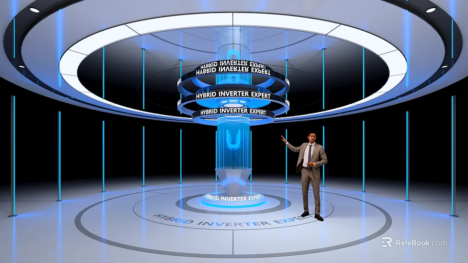 Technology Exhibition Hall With 3D Visualization Digital Displays And Man In Suit Pointing 3d model 