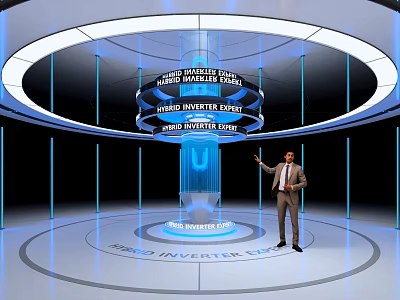 Technology Exhibition Hall With 3D Visualization Digital Displays And Man In Suit Pointing 3d model