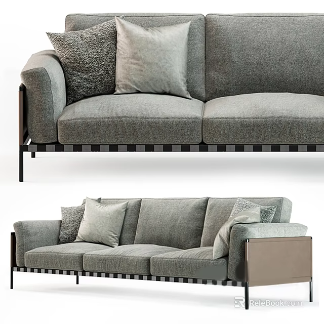 Modern Gray Three Seater Sofa With Comfortable Cushions And Metal Legs 3d model