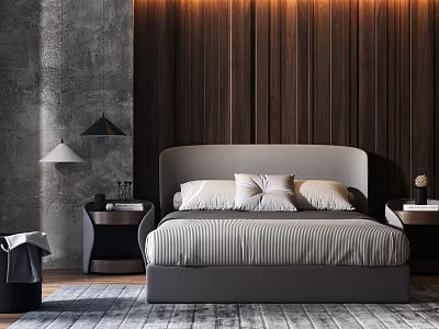 Background Double Bed with Gray Headboard Striped Bedspread Pillows Dark Wooden Wall and Table Lamps 3d model