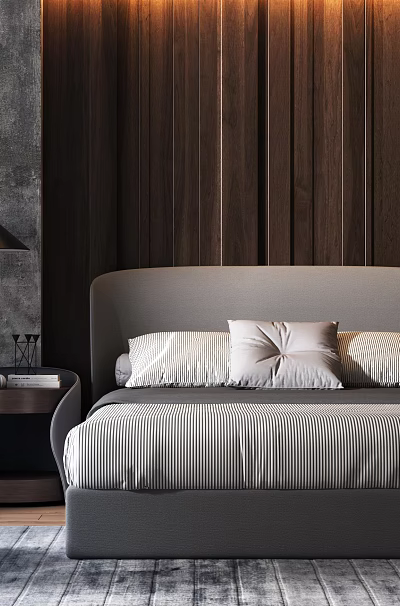 Background Double Bed with Gray Headboard Striped Bedspread Pillows Dark Wooden Wall and Table Lamps 3d model