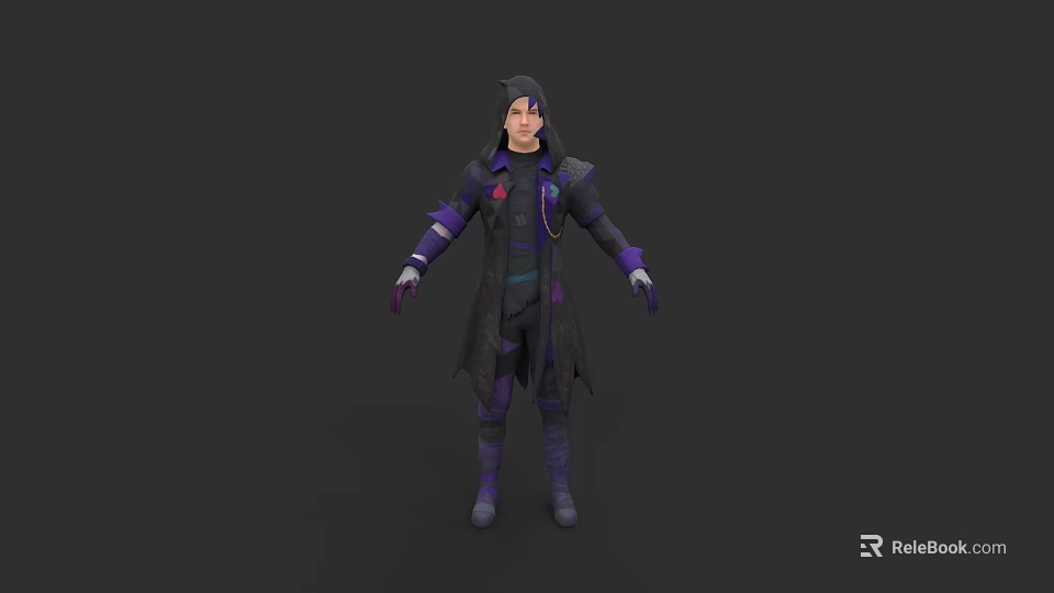 Game Movie Character In Dark Purple Long Coat With Red Badge And Purple Gloves Boots 3d model 
