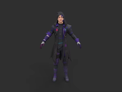 Game Movie Character In Dark Purple Long Coat With Red Badge And Purple Gloves Boots 3d model
