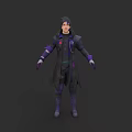 Game Movie Character In Dark Purple Long Coat With Red Badge And Purple Gloves Boots
