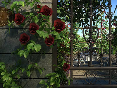 Dark Red Roses In Vase With Green Vines By Stone Wall Wrought Iron Gate Balcony 3d model