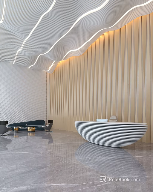 Modern Curved Reception Desk Area With Wavy Ceiling And Wooden Striped Wall 3d model 