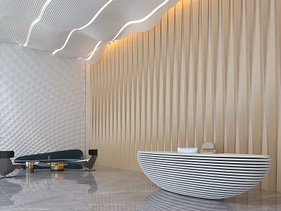 Modern Curved Reception Desk Area With Wavy Ceiling And Wooden Striped Wall 3d model