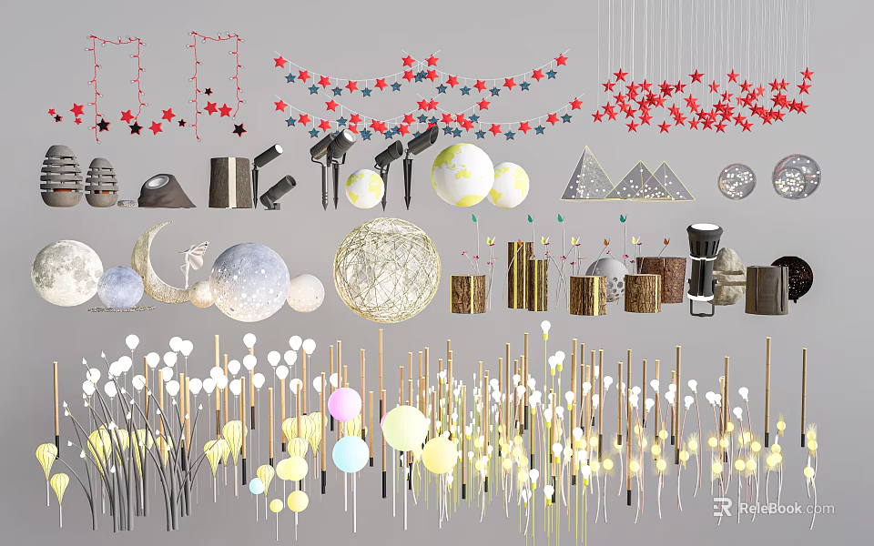 Hanging Outdoor Decorative Lights With Star Moon Sphere Shapes For Garden Use 3d model 