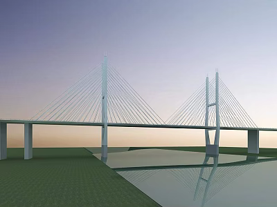 Scenic Landscape Bridge with Cable Stayed Towers over Water and Mirror Reflection under Twilight Sky 3d model