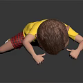 Cartoon Boy In Yellow Minion T Shirt And Red Plaid Shorts Standing On One Leg