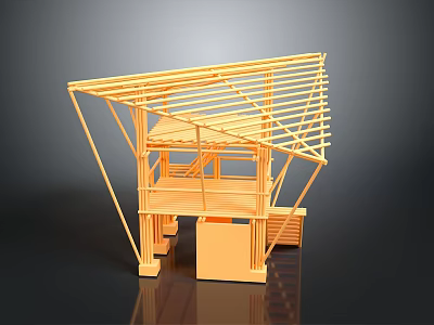 Wooden Architectural Model With Frame Structure Sloped Roof And Support Beams 3d model