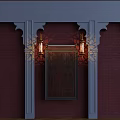 Elegant Restaurant Interior With Deep Purple Walls Blue Decorative Columns And Wall Lamps