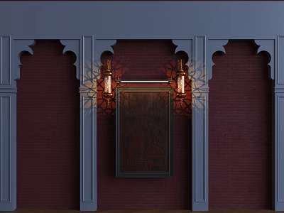 Elegant Restaurant Interior With Deep Purple Walls Blue Decorative Columns And Wall Lamps 3d model