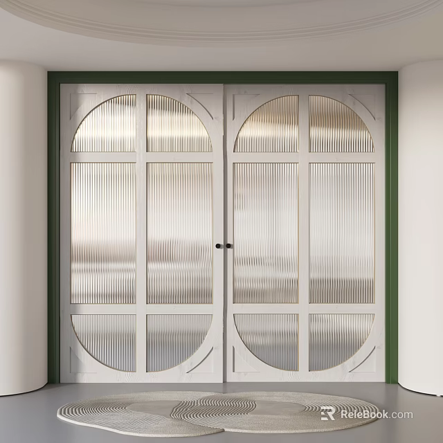 Elegant Double Doors with Arched Ribbed Glass Panels and White Frames 3d model