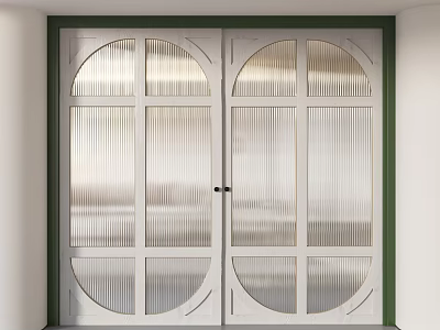 Elegant Double Doors with Arched Ribbed Glass Panels and White Frames 3d model