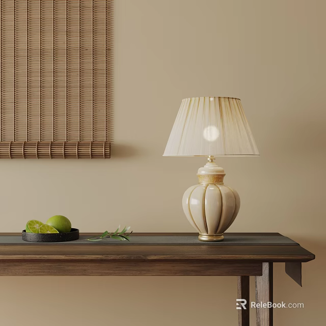 Elegant Beige Table Lamp With Gold Accents On Wooden Table Near Bamboo Blinds And Greenery 3d model 
