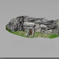 Rock Cave Entrance Scene With Natural Rock Formation And Lush Green Grass