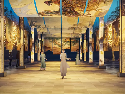 Artistic Classical Storage Cabinet Shelf In Indoor Hall With Decorative Murals And Columns 3d model
