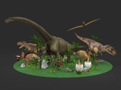 Various Prehistoric Reptiles Including Dinosaurs Pterosaur And Eggs In Grassland With Palm Trees 3d model