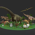 Various Prehistoric Reptiles Including Dinosaurs Pterosaur And Eggs In Grassland With Palm Trees