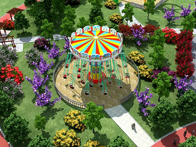 Colorful Swing Ride Amusement Equipment With Circular Platform And Hanging Seats In Lush Park Greenery 3d model