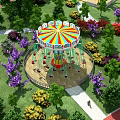 Colorful Swing Ride Amusement Equipment With Circular Platform And Hanging Seats In Lush Park Greenery