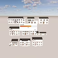 Various Styles White Houses With Black Roofs On Light Open Ground Under Blue Sky