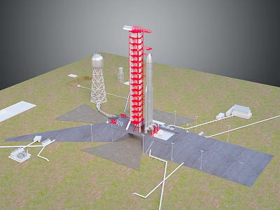 Detailed Red Rocket Launch Site Featuring Tower And Surrounding Ground Facilities 3d model