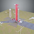 Detailed Red Rocket Launch Site Featuring Tower And Surrounding Ground Facilities 3d model