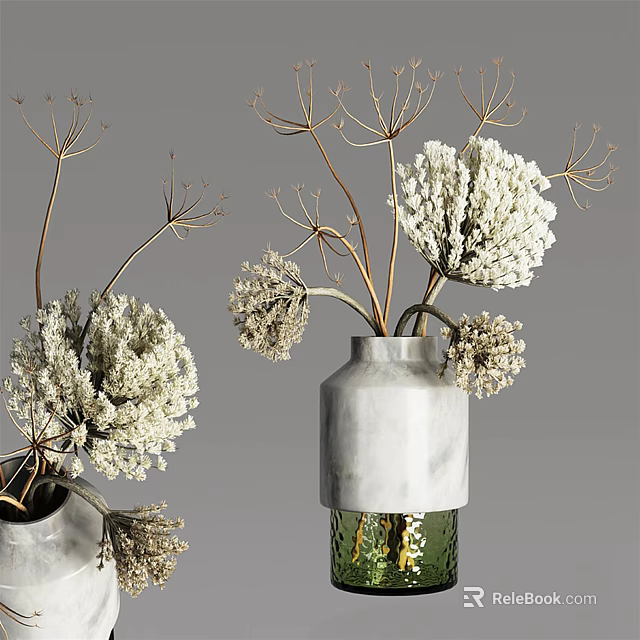 Elegant Vases With White Dried Flowers In Gray And Green Ceramic Design 3d model 
