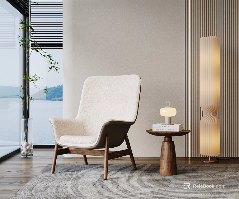 Modern Accent Chair With Wooden Legs And Small Side Table Near Window With Lake View 3d model 