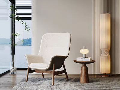Modern Accent Chair With Wooden Legs And Small Side Table Near Window With Lake View 3d model