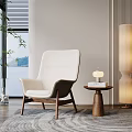 Modern Accent Chair With Wooden Legs And Small Side Table Near Window With Lake View