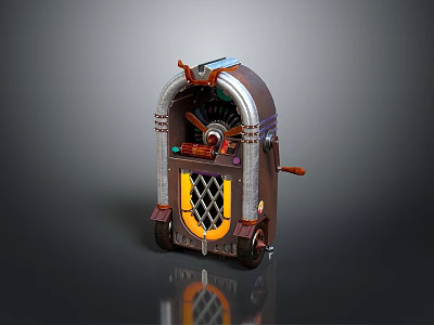 Vintage Retro Jukebox Featuring Brown Metal Body Yellow Grille And Red Handle With Wheels 3d model