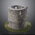 Circular Stone Tower Model With Small Window And Green Grass Base