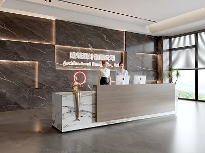 Front Desk Reception With Modern Design Marble Wall Female Receptionist Computers Greenery And Large Windows 3d model