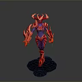 Blue Skinned Game Movie Character With Red Armor And Flaming Elements On Base